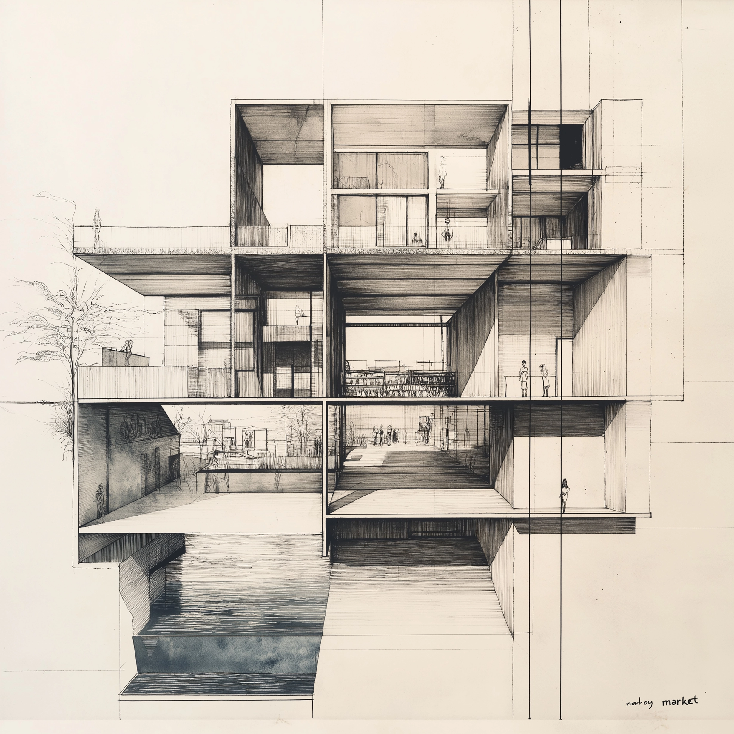 Modular building axonometric drawing
