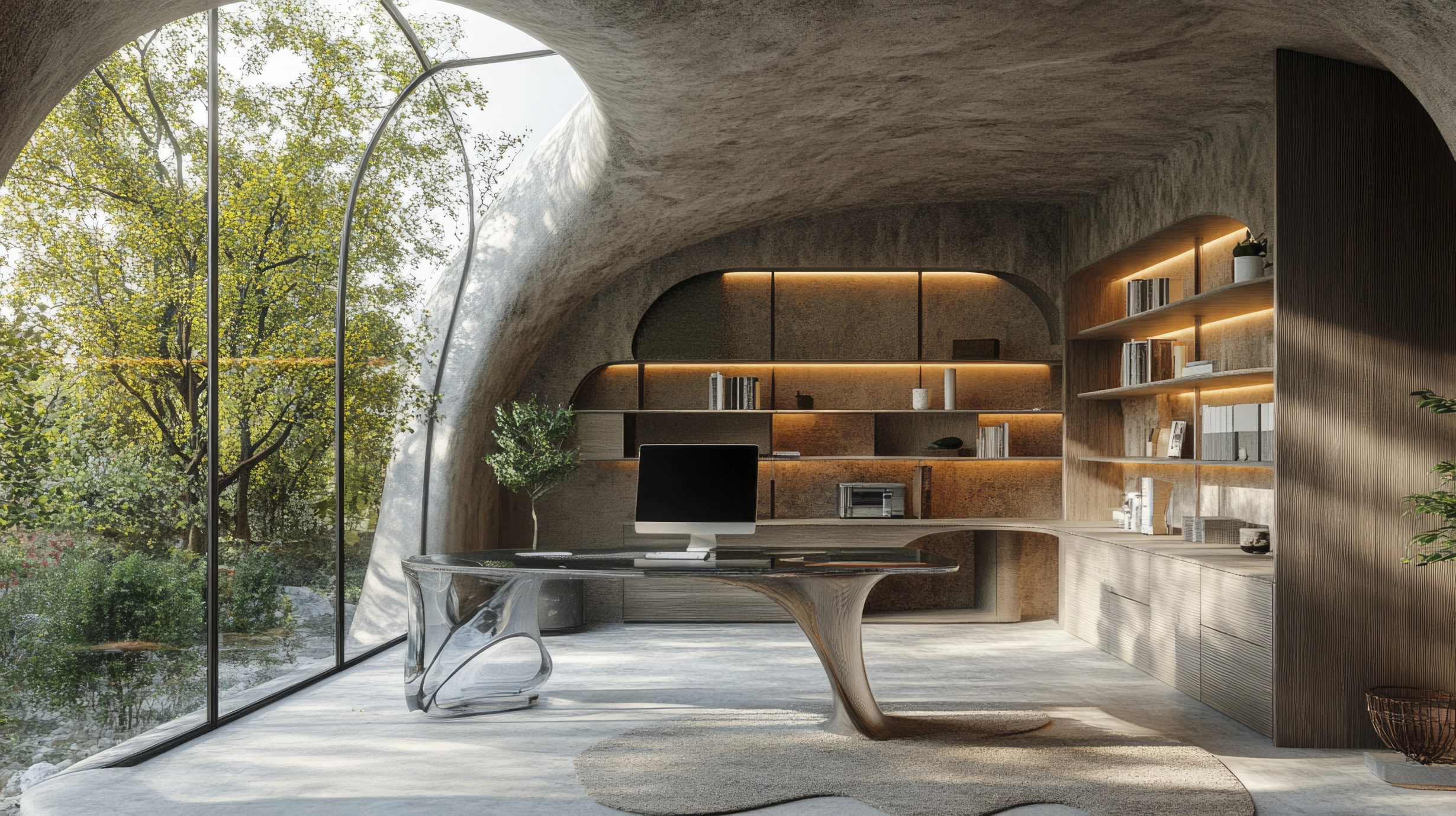 Sculpted study overlooking a garden